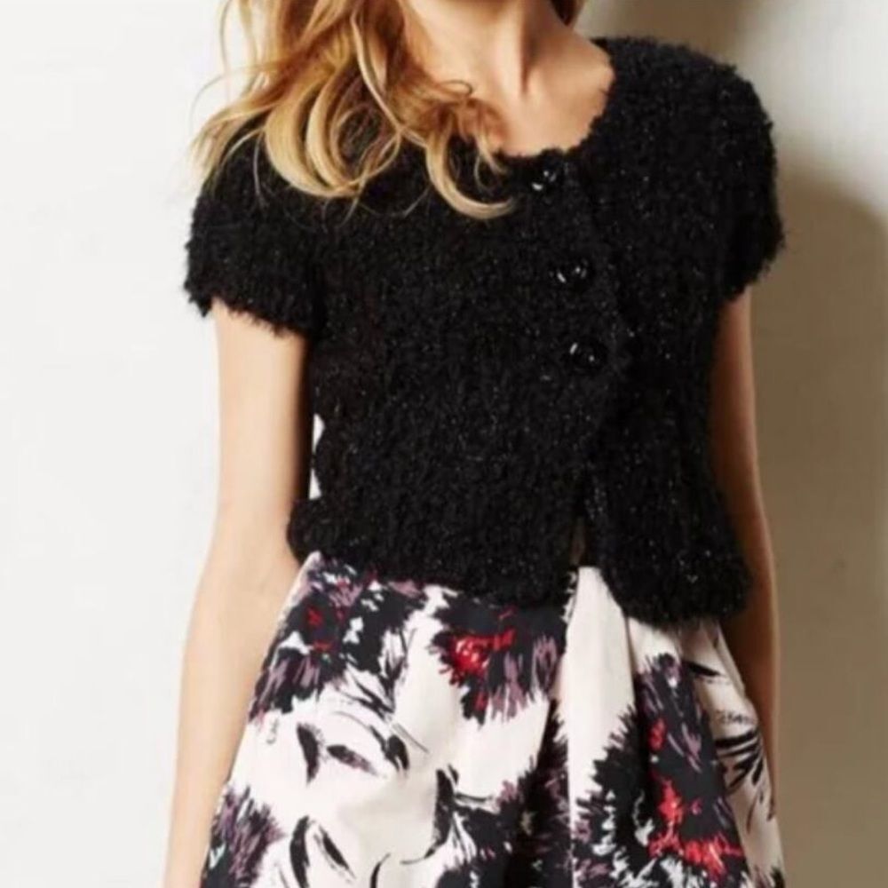 Anthropologie Knitted & Knotted Fuzzy Sparkly Black Crop Cardigan Wool Blend XS